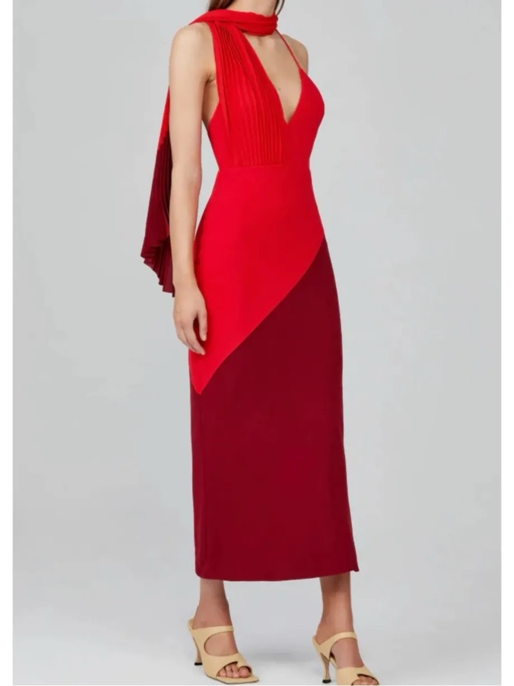 ACLER Two-Tone Red Burgundy Scarf Back Midi Dress Size 8